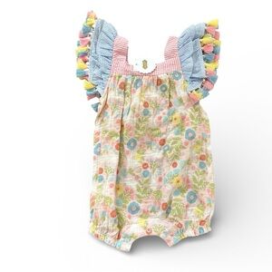 NWT Mud Pie Floral Bunny Print Tassel Trim One Piece Gauze Bubble Romper